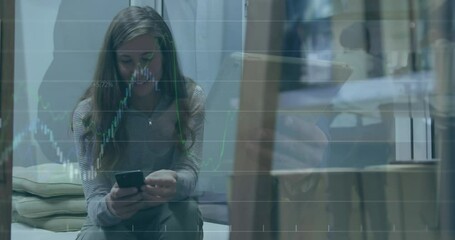 Poster - Animation of financial data processing over caucasian businesswoman using smartphone