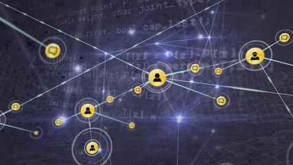Poster - Animation of connected icons and dots against programming language in background