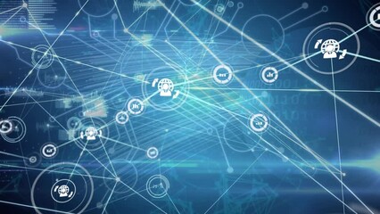 Poster - Animation of connected icons and dots with lens flares, binary codes and circuit board pattern