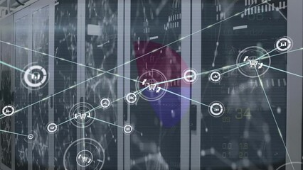 Poster - Animation of network of connections with icons and data processing over server room