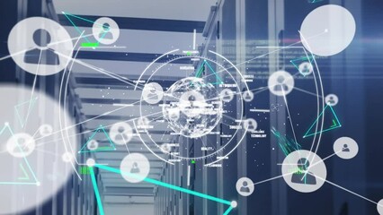 Poster - Animation of network of connections with icons and data processing over server room