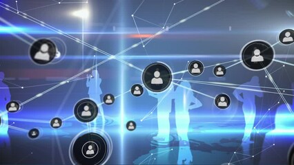 Poster - Animation of network of connections with icons over business people silhouettes