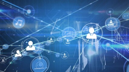 Poster - Animation of network of connections with icons and data processing over blue background