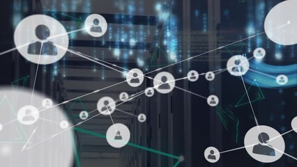 Poster - Animation of network of connections with icons and data processing over server room