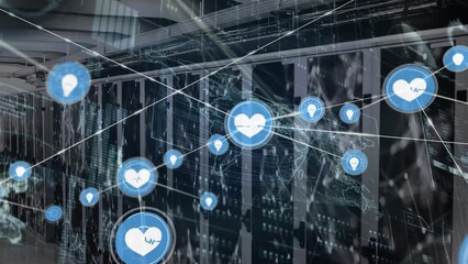 Poster - Animation of network of connections with icons and data processing over server room