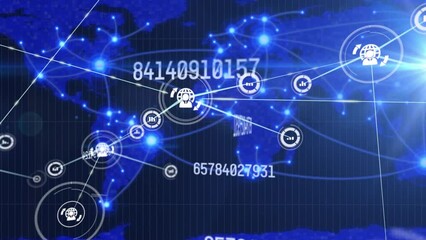 Poster - Animation of network of connections with icons and data processing over world map