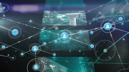 Poster - Animation of network of connections with icons and data processing over black background