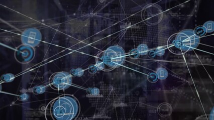 Poster - Animation of network of connections with icons and data processing over server room