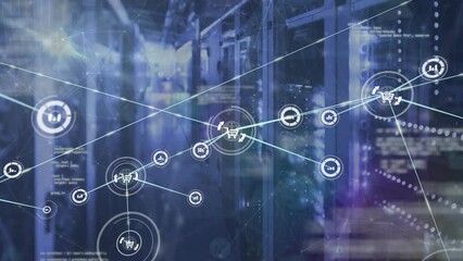 Poster - Animation of network of connections with icons and data processing over server room