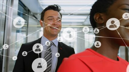 Poster - Animation of network of connections with icons over diverse business people working at office