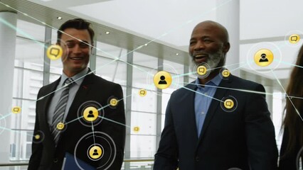 Poster - Animation of network of connections with icons over diverse business people working at office