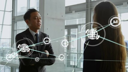 Poster - Animation of network of connections with icons over diverse business people working at office
