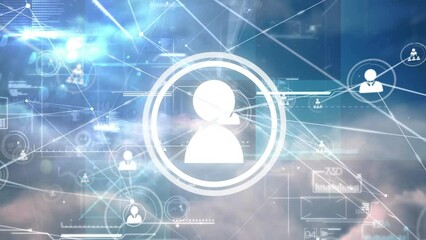 Poster - Animation of network of connections with icons and data processing over sky with clouds