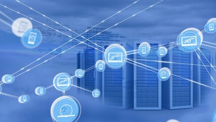 Poster - Animation of network of connections with icons and data processing over server room