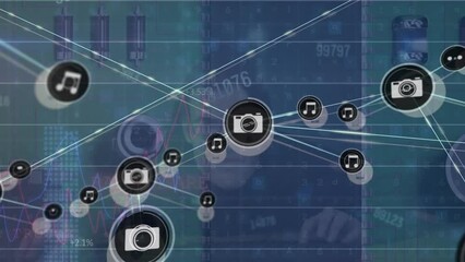 Poster - Animation of network of connections with icons and data processing over server room and hacker
