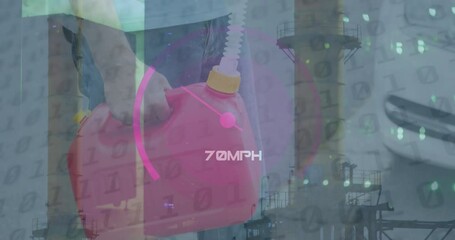 Poster - Animation of data processing over caucasian man fueling car at gas station