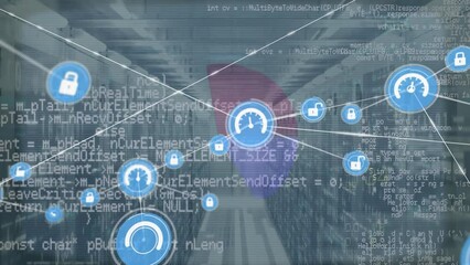 Poster - Animation of network of connections with icons over computer servers