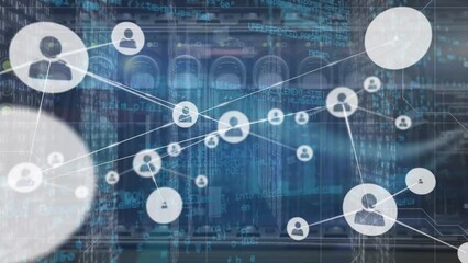 Poster - Animation of network of connections with icons over computer server