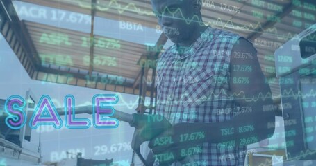 Poster - Animation of financial data processing over african american man fueling car at gas station
