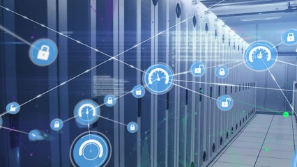 Poster - Animation of network of connections with icons and data processing over server room