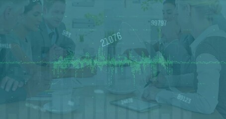 Poster - Animation of graphs and changing numbers over diverse board members business meeting in office
