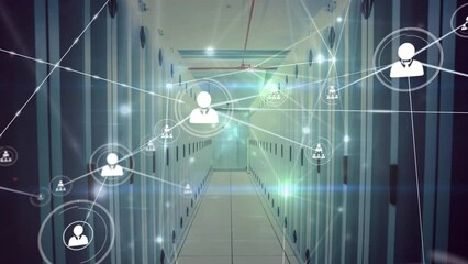 Sticker - Animation of icons connected with lines and lens flares against server room in background