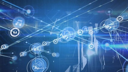 Poster - Animation of connected icons, dots forming shapes, lens flares, circuit board pattern