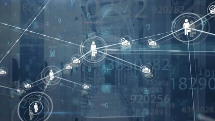 Poster - Animation of connected icons and padlock over texts, numbers, letters, symbols on server room