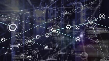 Poster - Animation of connected icons and dots, graphs and programming language against server room