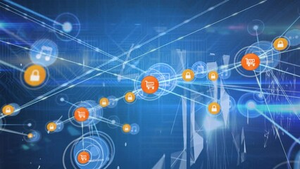 Poster - Animation of connected icons, dots forming shapes, lens flares against circuit board pattern