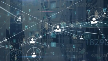 Poster - Animation of connected icons and lens flare over texts, numbers, letters, symbols on server room