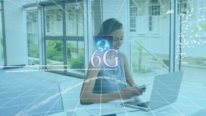 Poster - Animation of 6g text and data processing over biracial businesswoman using smartphone
