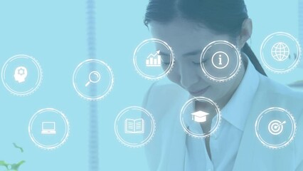 Poster - Animation of data processing with icons over biracial businesswoman