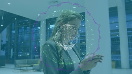 Poster - Animation of globe with connections over caucasian businesswoman using smartphone