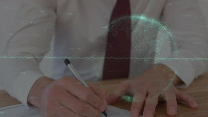 Poster - Animation of globe with connections and data over caucasian businessman writing