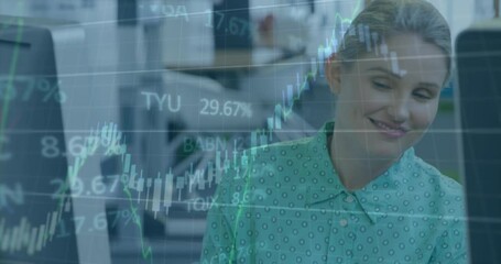 Poster - Animation of graphs, trading board, caucasian woman talking with coworker while working on computer