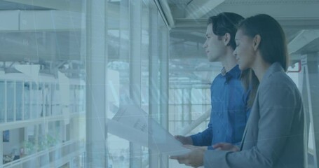 Aufkleber - Animation of graphs, loading circles, diverse coworkers discussing blueprint while pointing at site