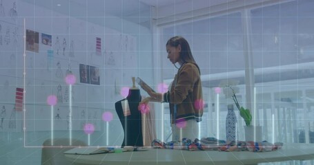 Aufkleber - Animation of computer language and graph on biracial female designer checking design of dress