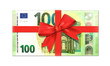 Geldgeschenk, Geldschein Geschenk 100 Euro Schein mit Geschenk Schleife,
Vektor Illustration isoliert auf weißem Hintergrund
