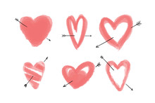 Vector Set Of Handdrawn Minimalistic Icons With Pink Hearts Pierced By Arrow. Congratulations On Valentine's Day. Love Message. Design Element For Greeting Card For Lover On February 14. Brush Stroke