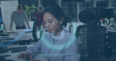 Poster - Animation of financial data processing over biracial businesswoman working in office