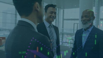 Poster - Animation of financial data processing over business people talking
