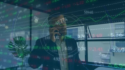 Poster - Animation of financial data processing and scope over businessman using smartphone