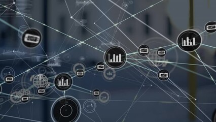 Poster - Animation of connected icons and dots and graphs against abstract background