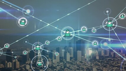 Poster - Animation of connected icons and lens flares against aerial view of city against mountains