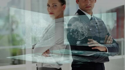 Poster - Animation of financial data processing over diverse business people working at office