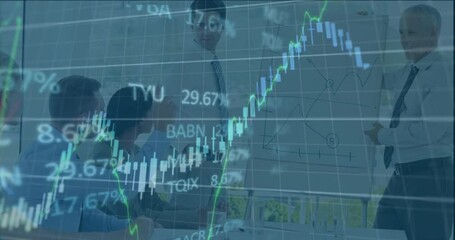 Poster - Animation of financial data processing over diverse business people having meeting at office