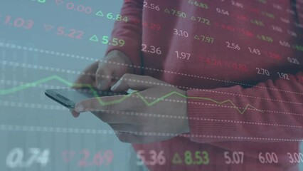 Poster - Animation of financial data processing over caucasian man using smartphone