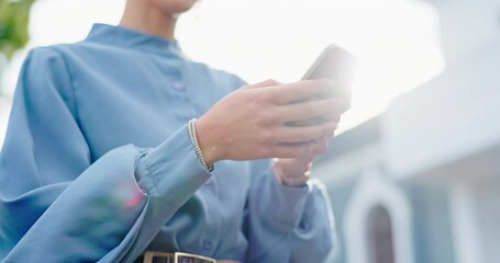 Poster - Woman, phone and hands typing in city for business communication, email notification or reading mobile app conversation outdoor. Businesswoman, smartphone and internet search or digital networking
