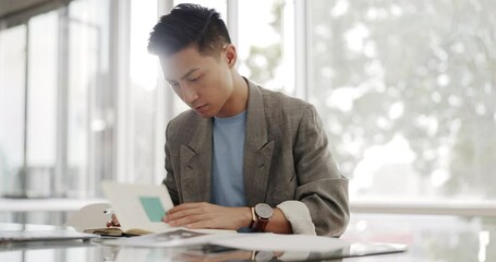 Poster - Businessman, writing report and documents with business plan proposal in conference room and company strategy in Japan. Employee focus, Asian man working with notes and pen, development and growth.